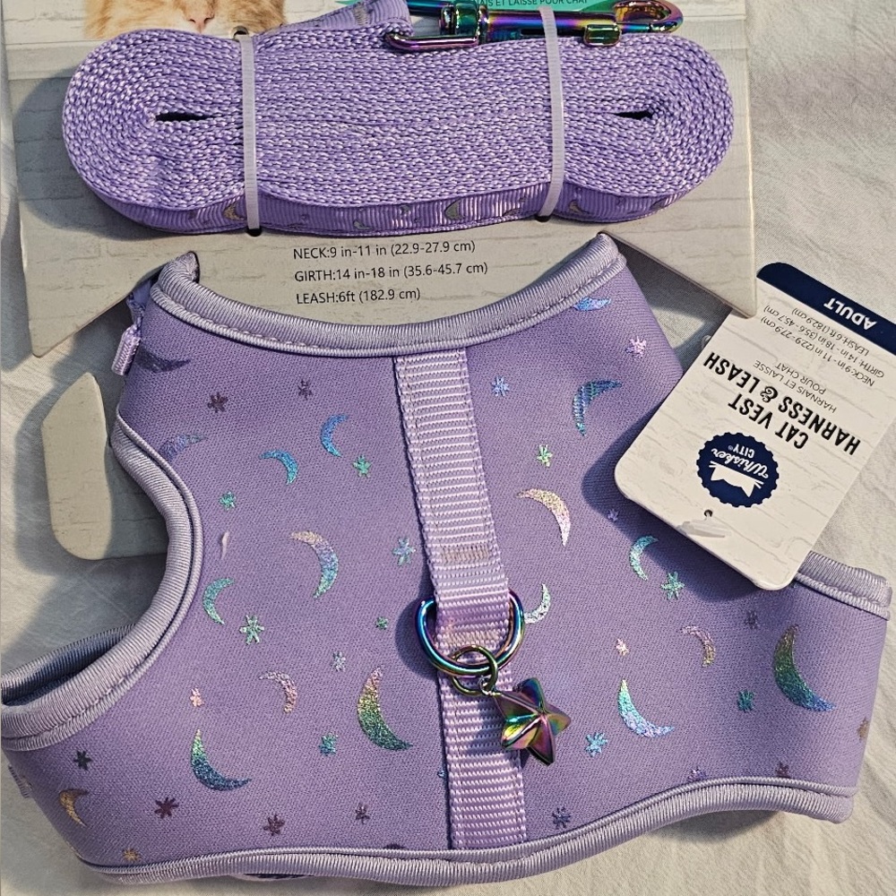 Whisker City Purple Moons Cat Vest Harness, Collar and Leash Set